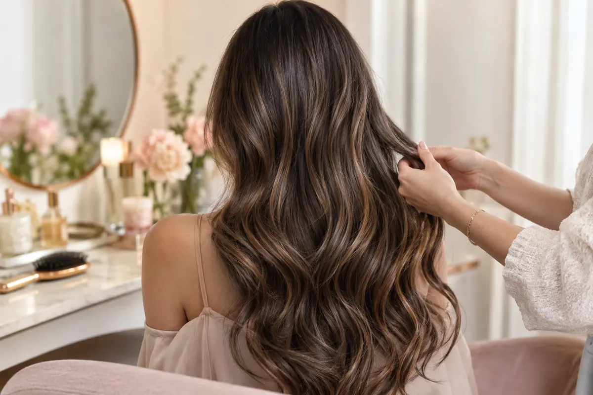 Back view of dimensional brunette hair with softly painted highlights