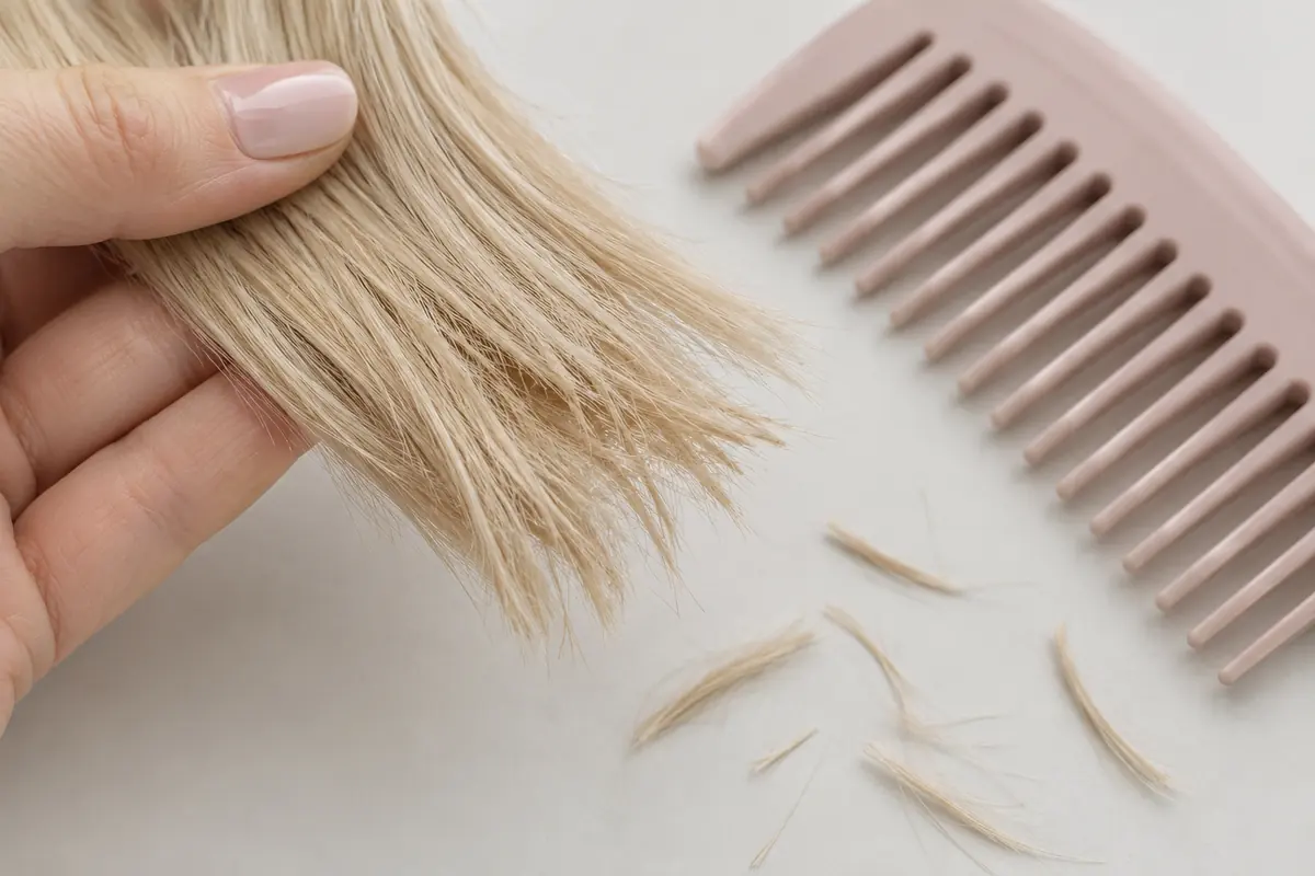 Lightened hair lengths and small broken fibers near a comb