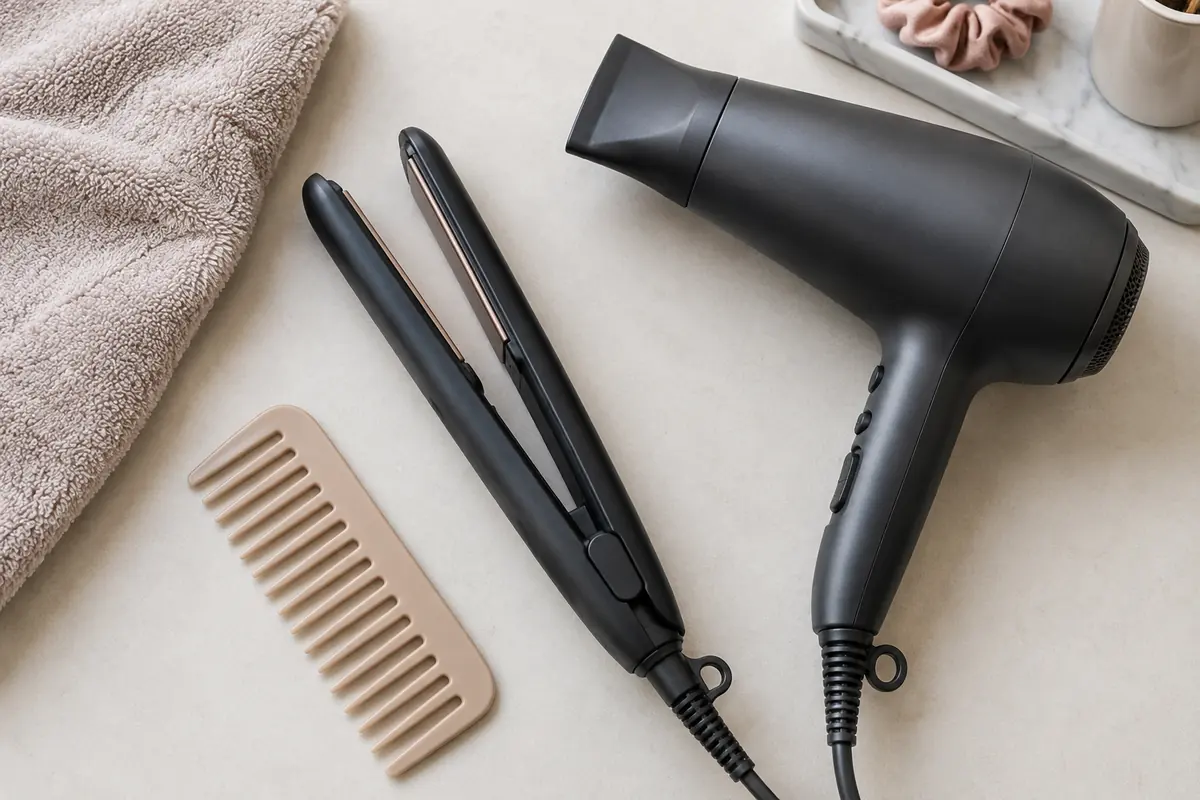 Heat tools resting unused beside a soft towel