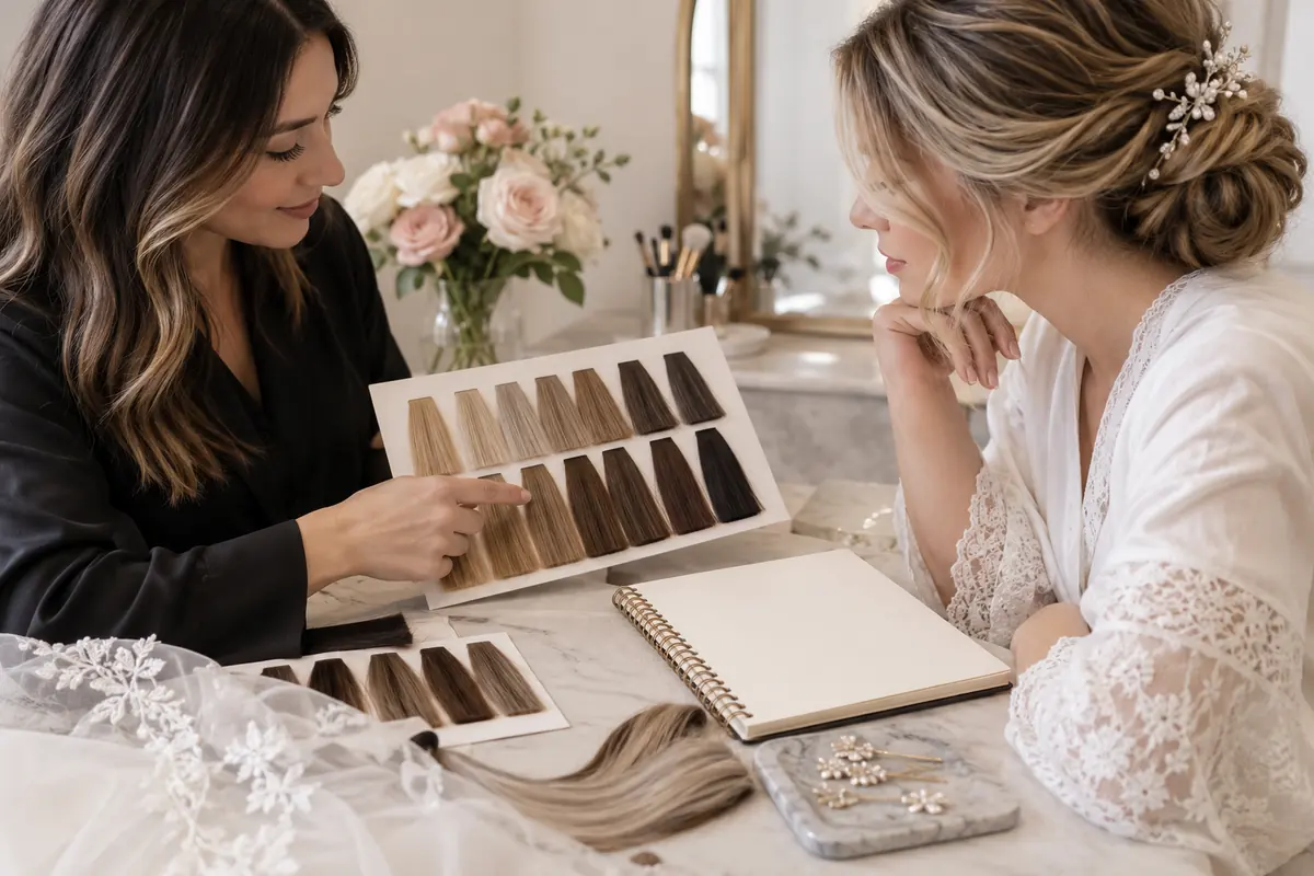 Colourist comparing hair swatches with an adult bridal client