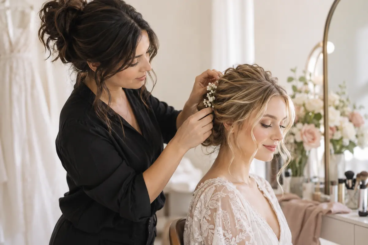 Stylist arranging a soft bridal updo on an adult client