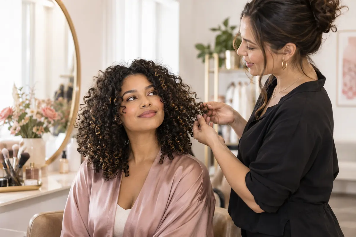 Adult woman with natural curls talking with a stylist