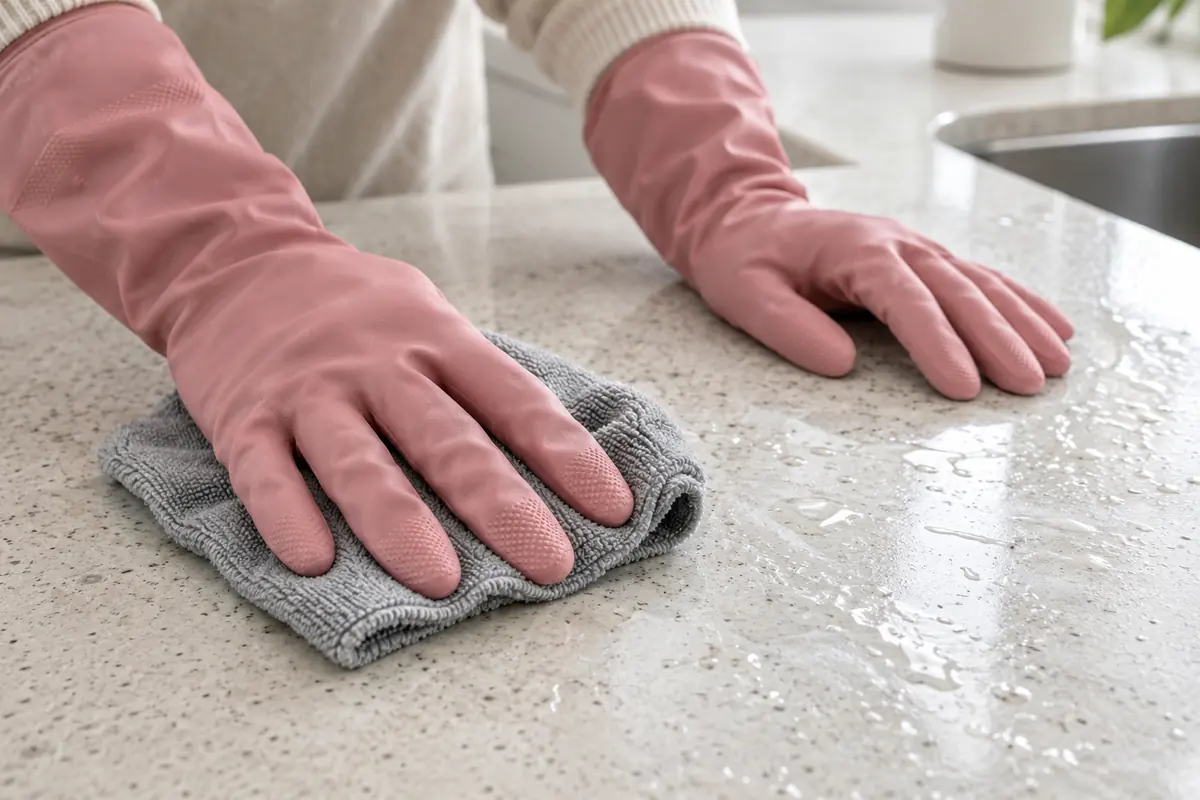 Hands protected by reusable gloves during cleaning
