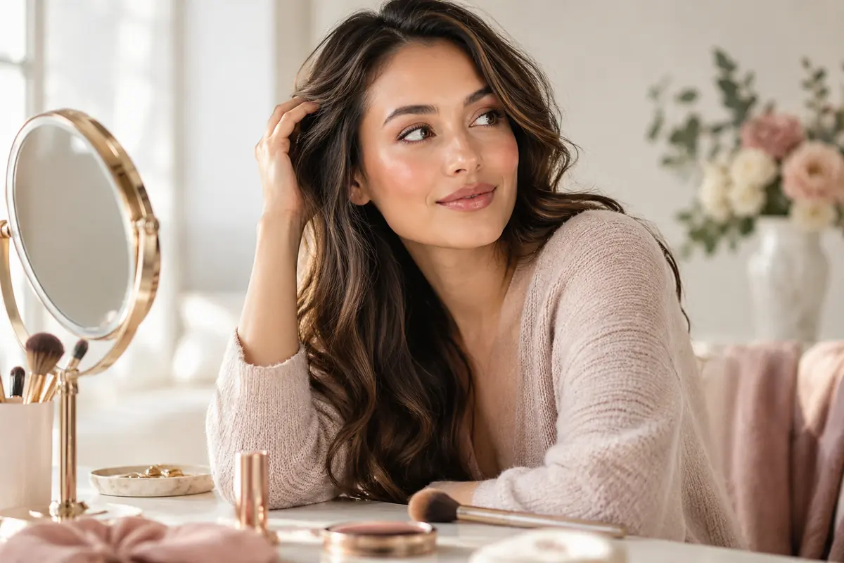 Adult woman with subtle everyday makeup and natural skin texture