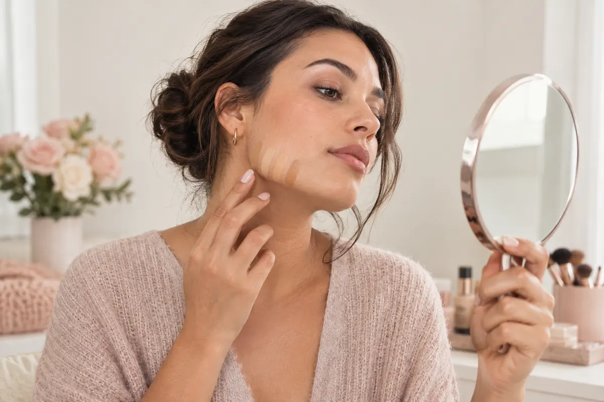 Adult woman inspecting foundation swatches along her jawline