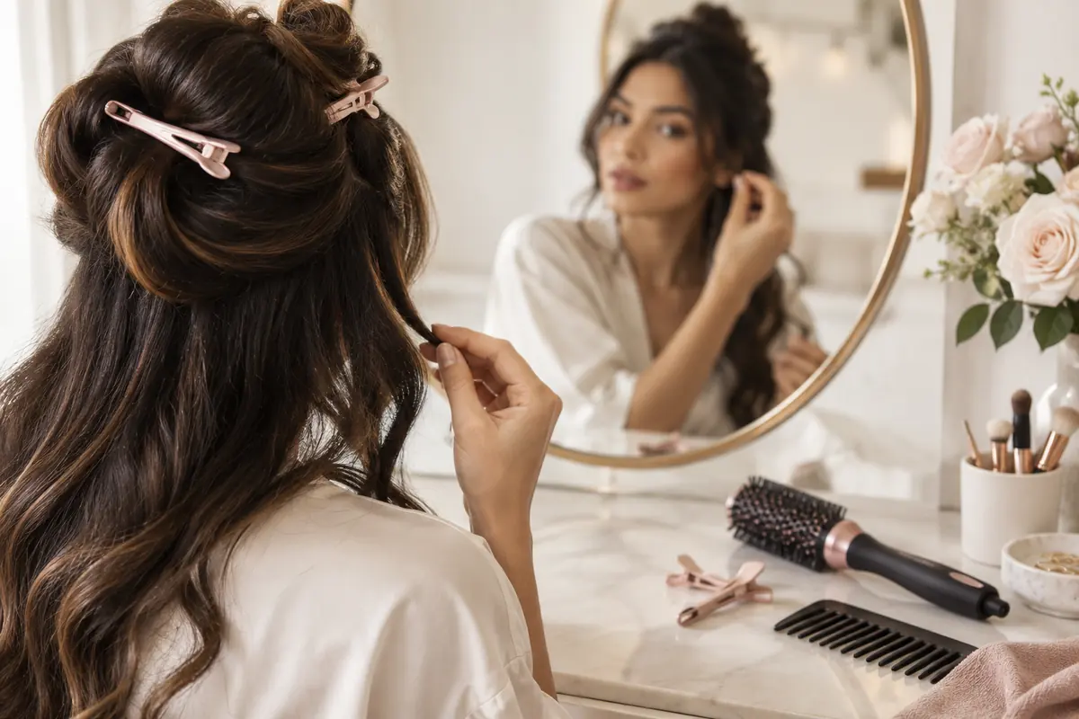 Woman examining her pinned-back hair beside a salon mirror