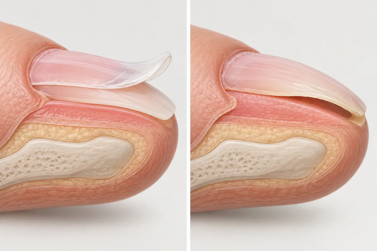 Simplified nail cross-sections: left, a coating lifts from the nail; right, the natural nail plate separates from the nail bed
