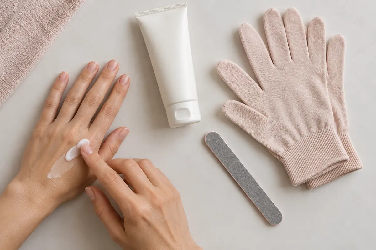 Moisturizer, a fine file and cotton gloves for dry care; cotton gloves do not protect wet work