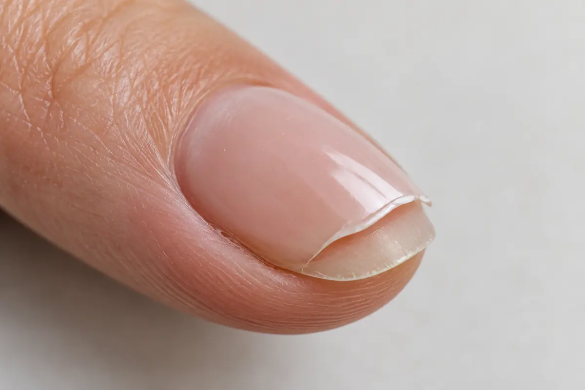 A gel coating slightly lifted at the nail’s free edge