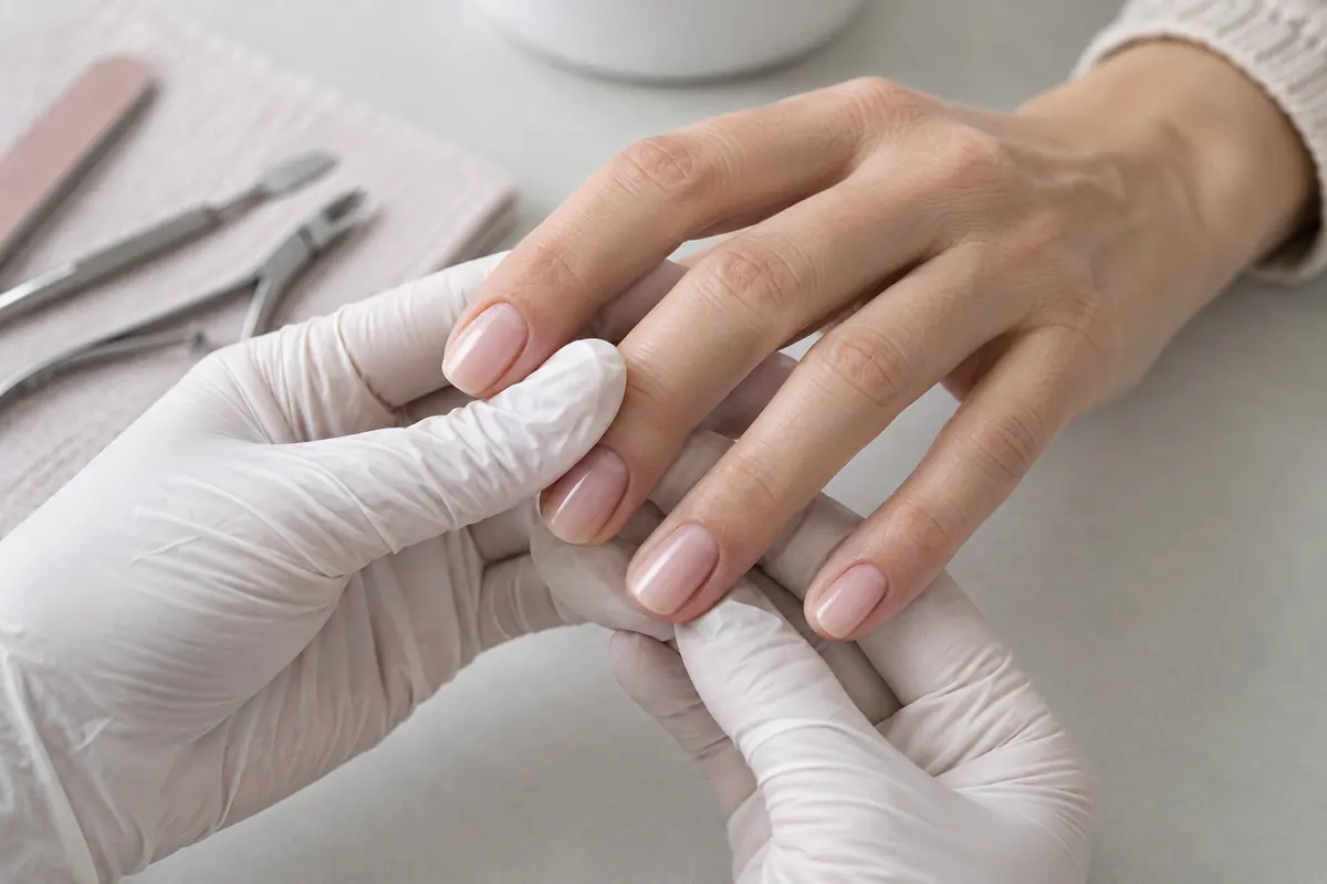 Nail professional inspecting a coating before removal