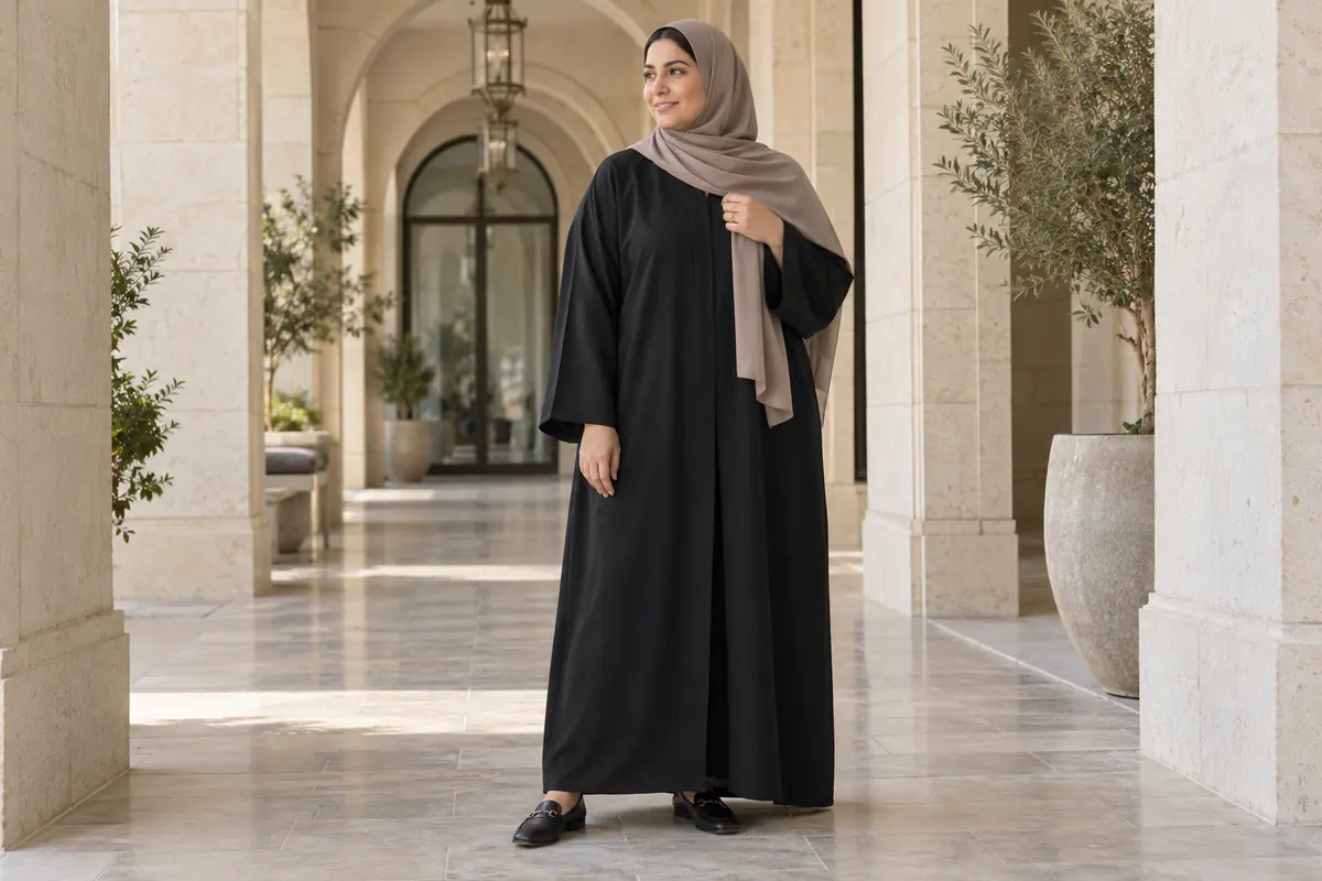 A black abaya with comfortable drape, worn with a neutral sheila and flat shoes