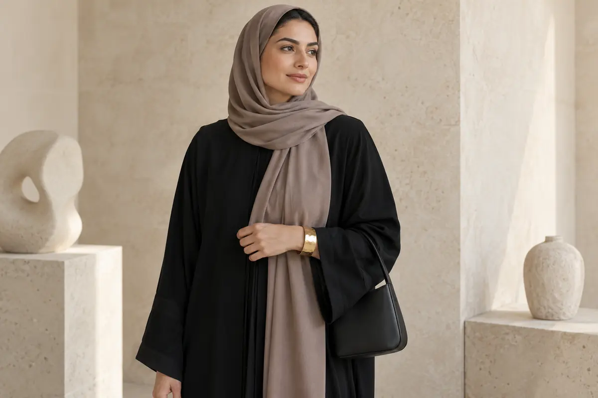 One sculptural gold cuff accents a plain black abaya and neutral sheila