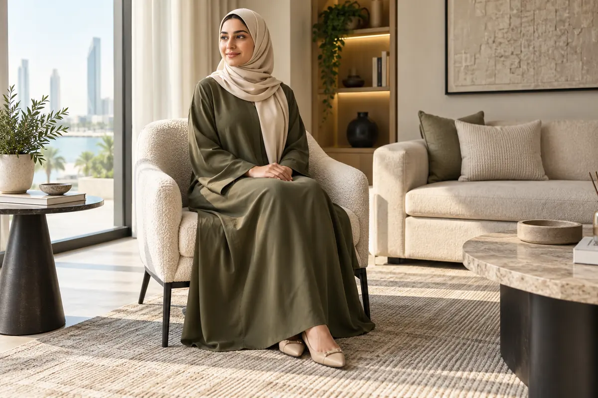 A closed abaya checked while sitting comfortably in a chair