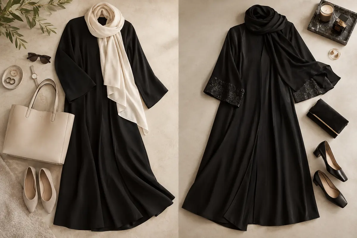 Two black-abaya accessory flatlays show a simple daytime and evening change