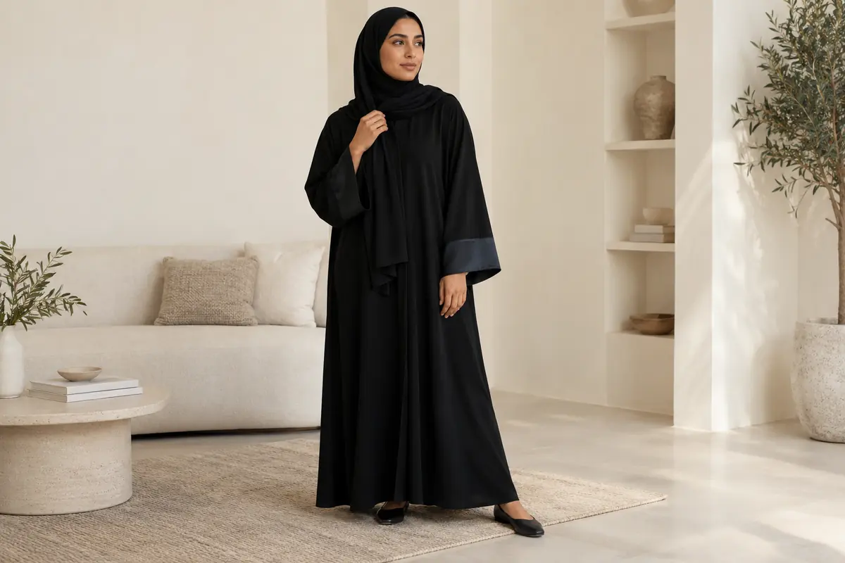 A black abaya combines a matte body with a subtle satin cuff detail