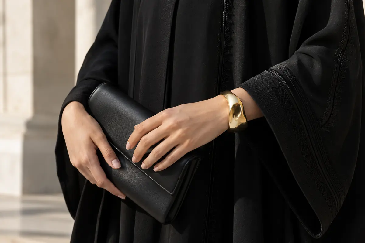 One gold cuff gives a plain black abaya a clear focal point