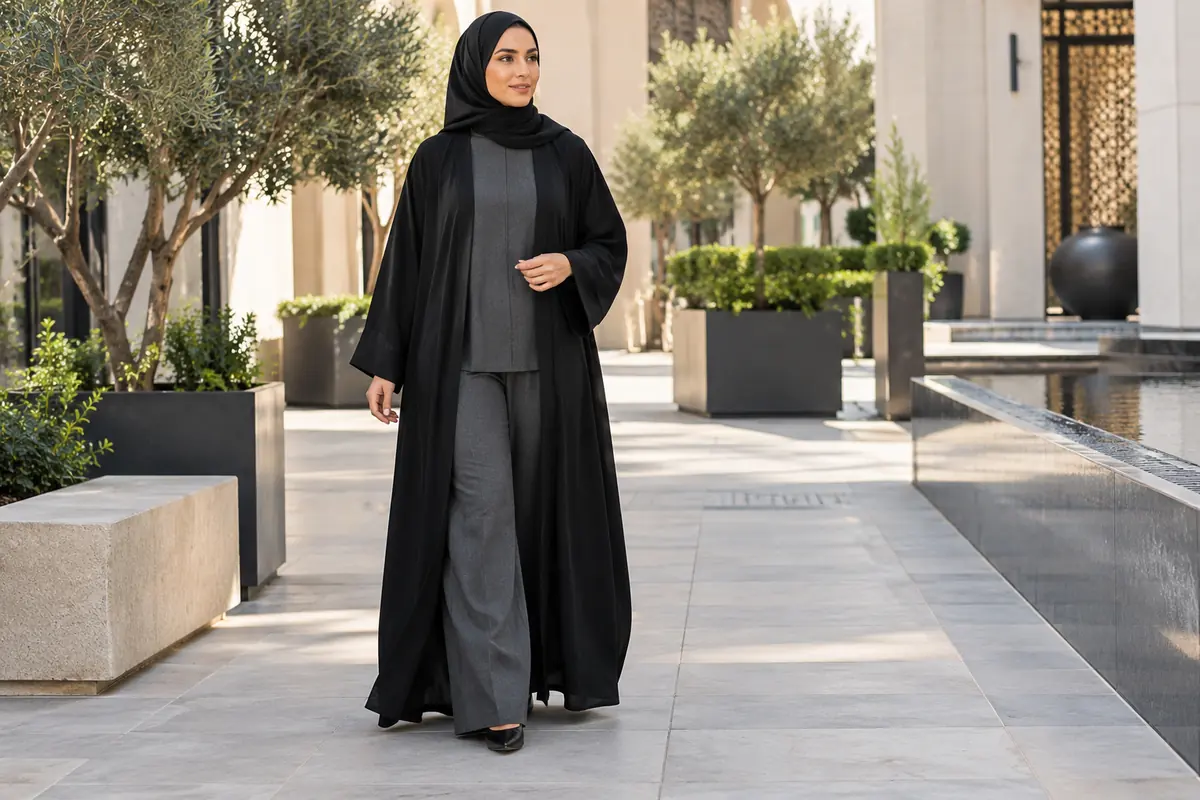 An open black abaya layers over an opaque charcoal outfit