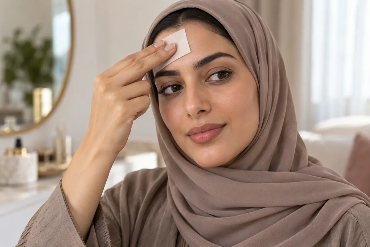 A blotting paper is gently pressed onto the forehead without rubbing