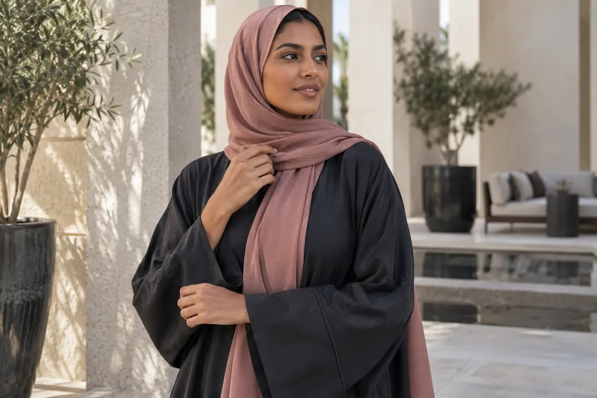 A dusty rose sheila softens a charcoal abaya in a styling example