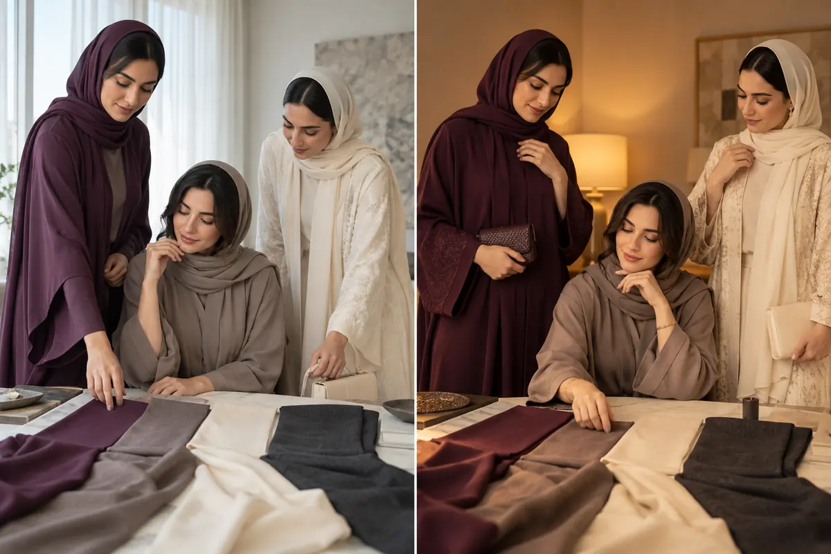 Illustrative fabric-colour comparisons in daylight and warm indoor lighting