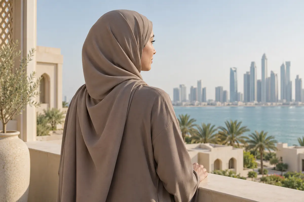 A loosely draped opaque sheila shows a low-volume covered-hair silhouette