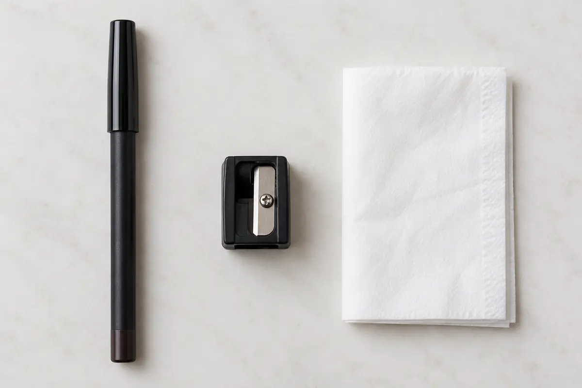 A capped personal eye pencil, clean sharpener and folded tissue on a plain surface
