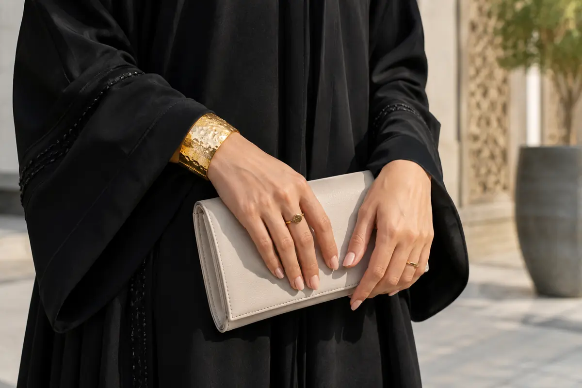 A gold cuff and plain clutch create one clear visual focal area
