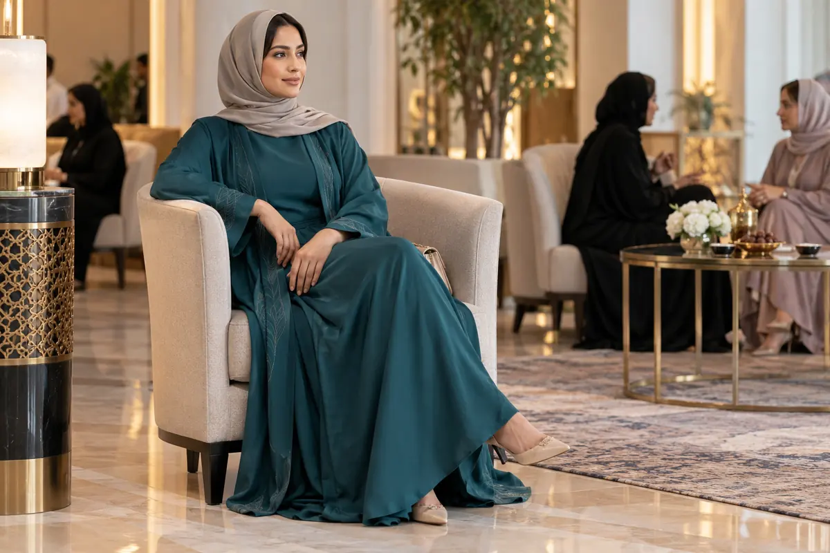 An occasion outfit and outer layer stay comfortable when seated