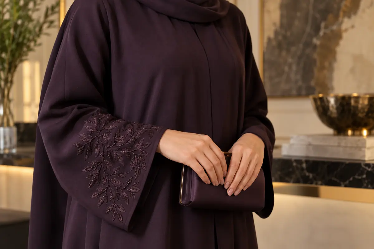 An embroidered sleeve is the single decorative focus beside a plain clutch
