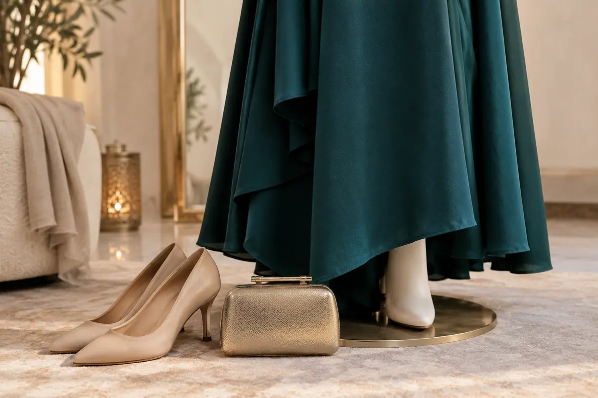 A small clutch and low heels complement a jewel-tone hem