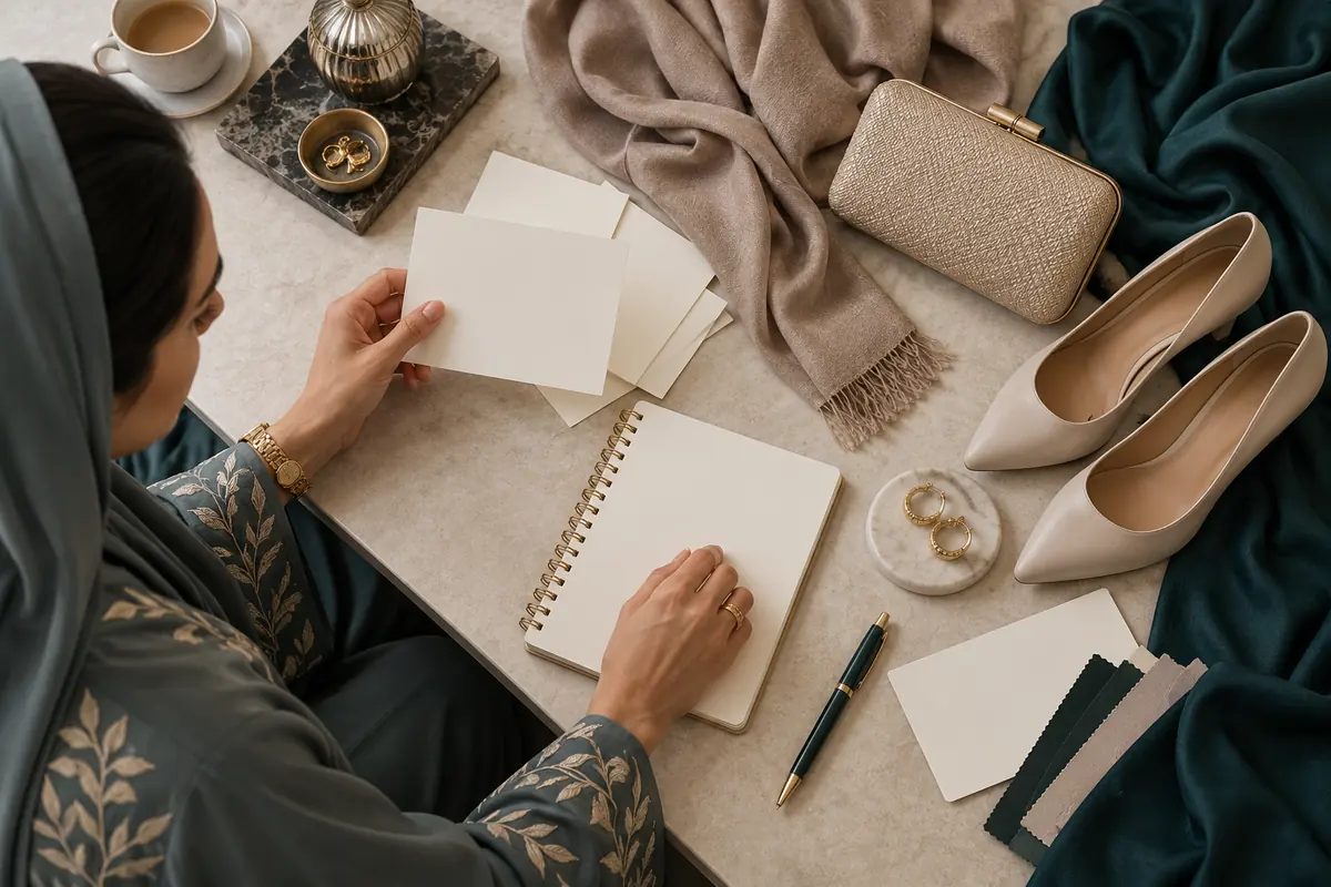 Blank planning cards, scarf, clutch and shoes prepare an occasion outfit