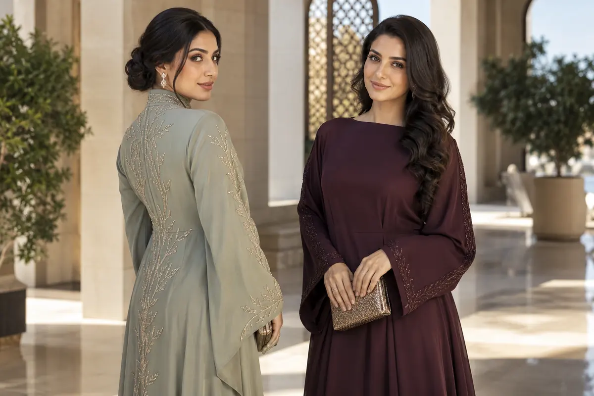 Two examples pair a high neckline with a low bun and a simple neckline with side waves