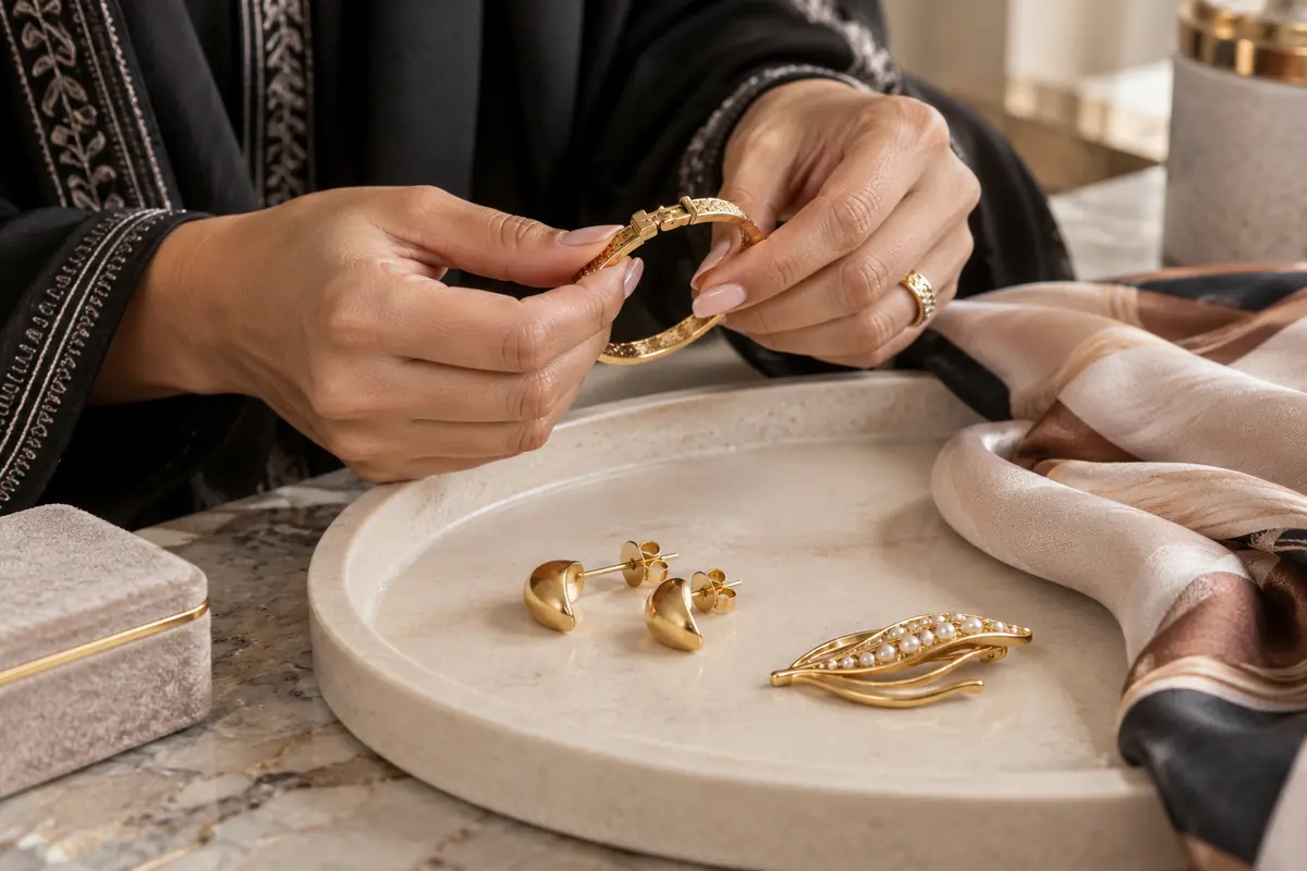 Jewellery fastenings are inspected on a tray beside scarf fabric