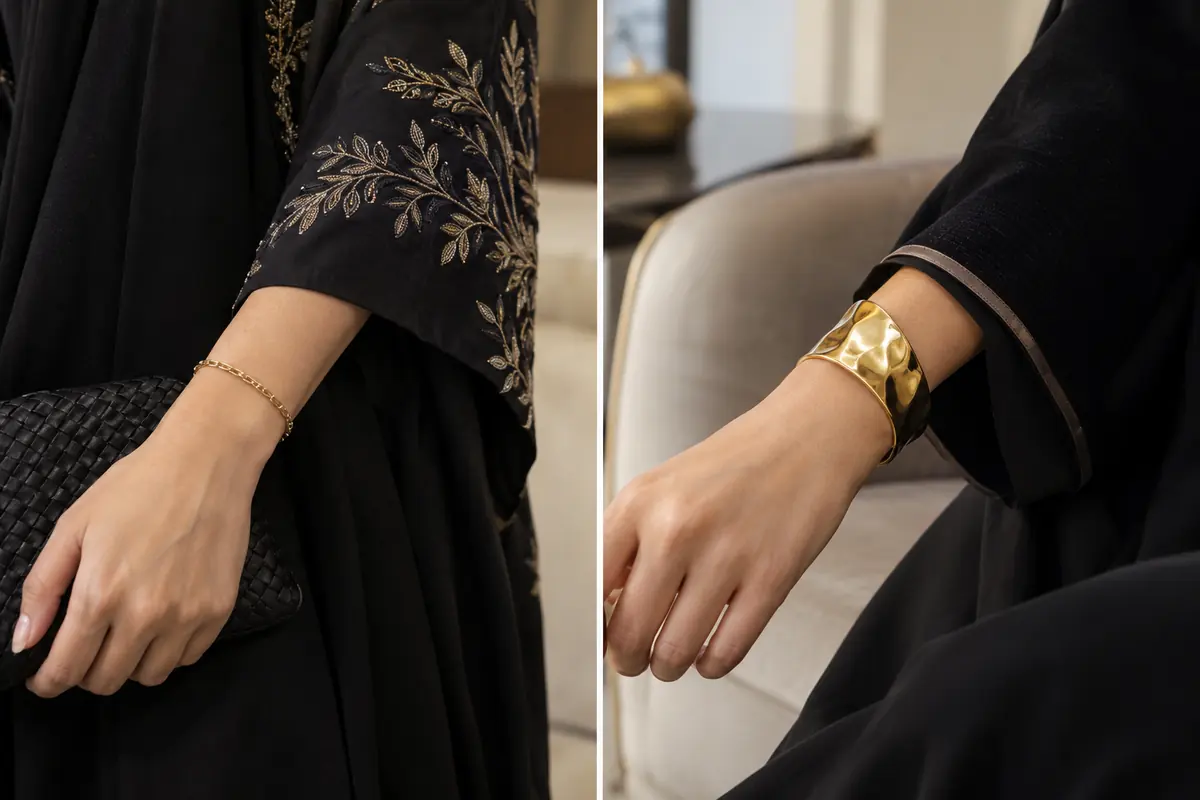 Two styling examples compare a fine bracelet and a broader cuff beside embroidered sleeves