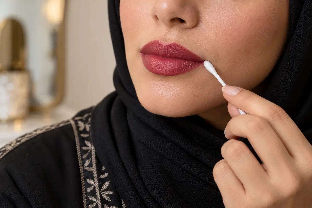 A small cotton bud tidies the outer lip edge during a makeup touch-up