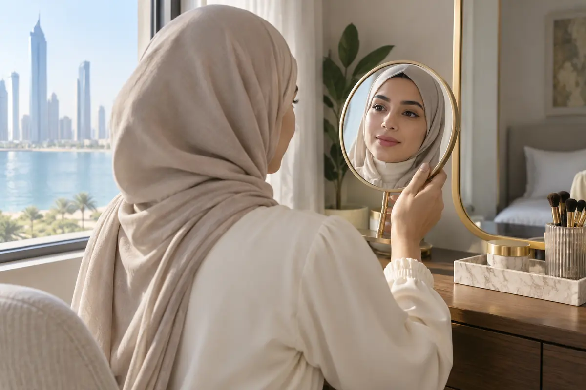 An adult woman checks her makeup in a mirror beside daylight