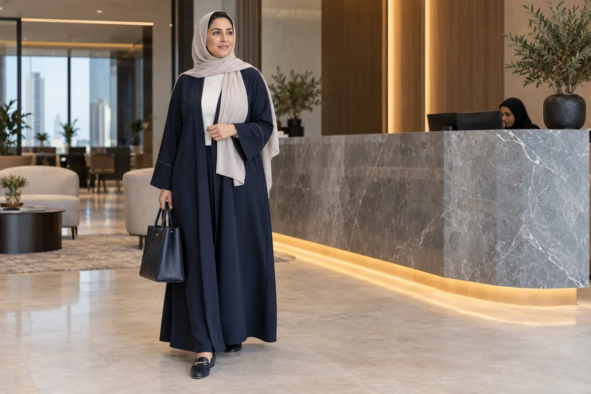 A navy abaya, pale base layer, neutral sheila and loafers form a work outfit