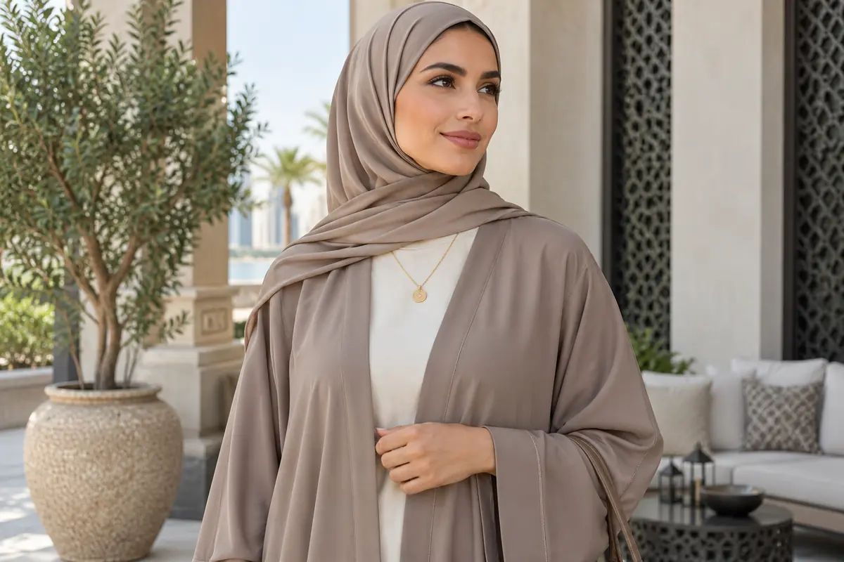 A simple necklace rests over an opaque high neckline beside a loosely draped sheila