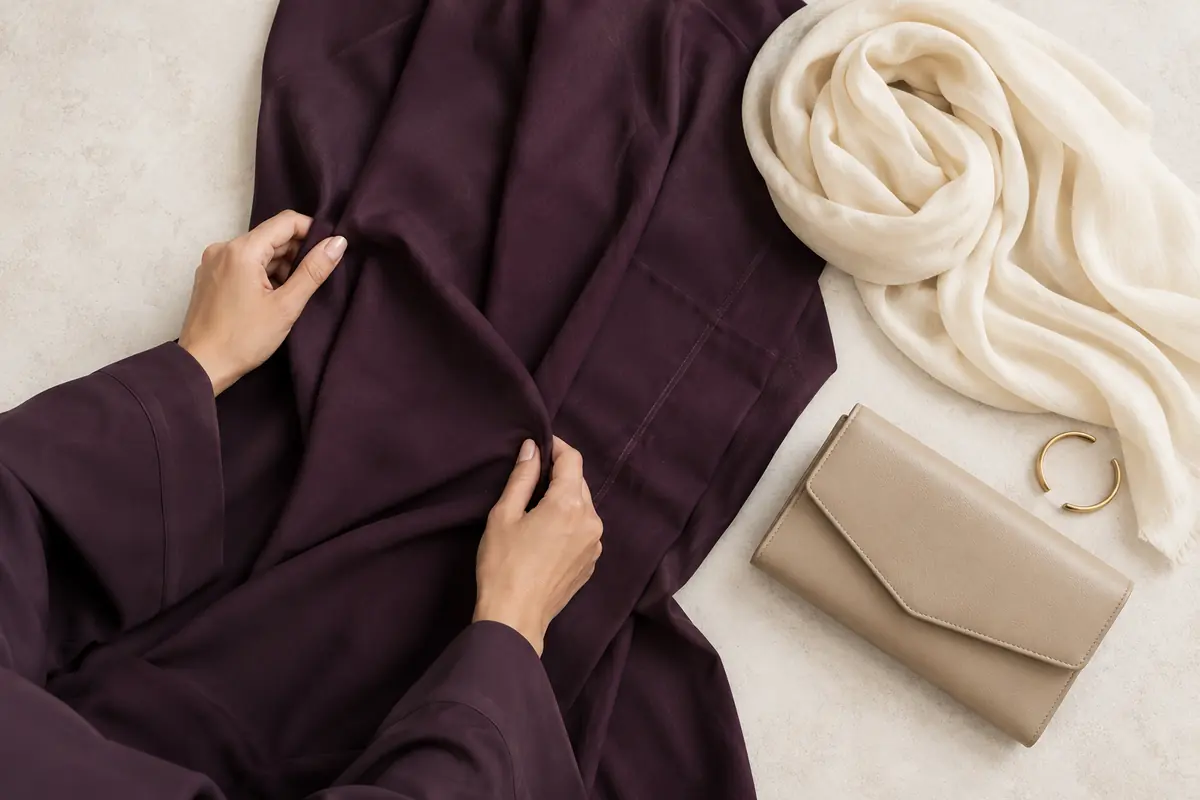 Plum fabric is paired with cream and warm beige styling pieces