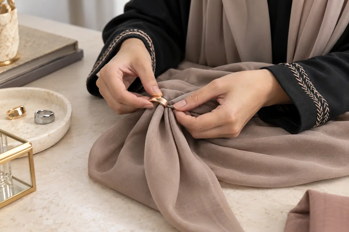 A small scarf fastening is arranged on fabric away from the face