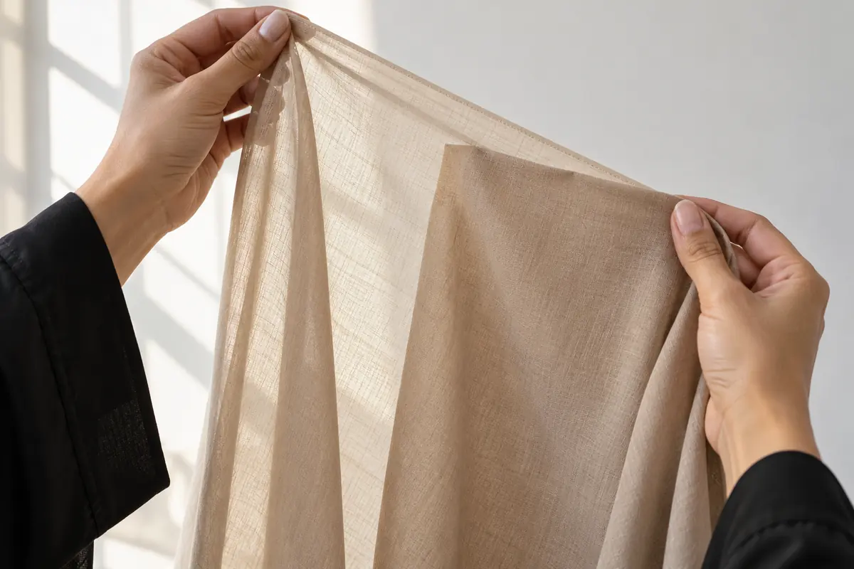 Overlapping scarf fabric is inspected against daylight for coverage