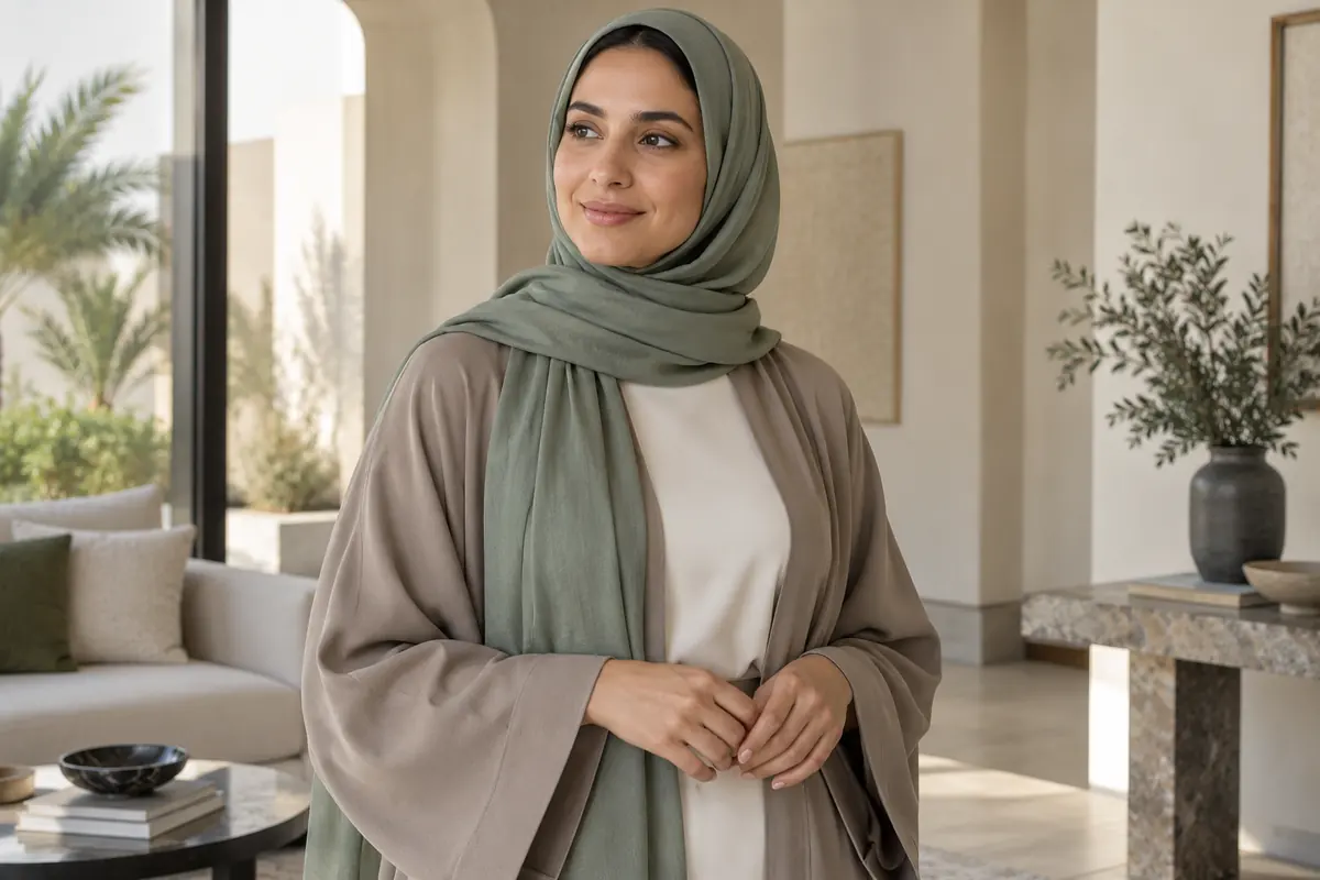 A sage sheila drapes softly over a covered ivory neckline and taupe abaya