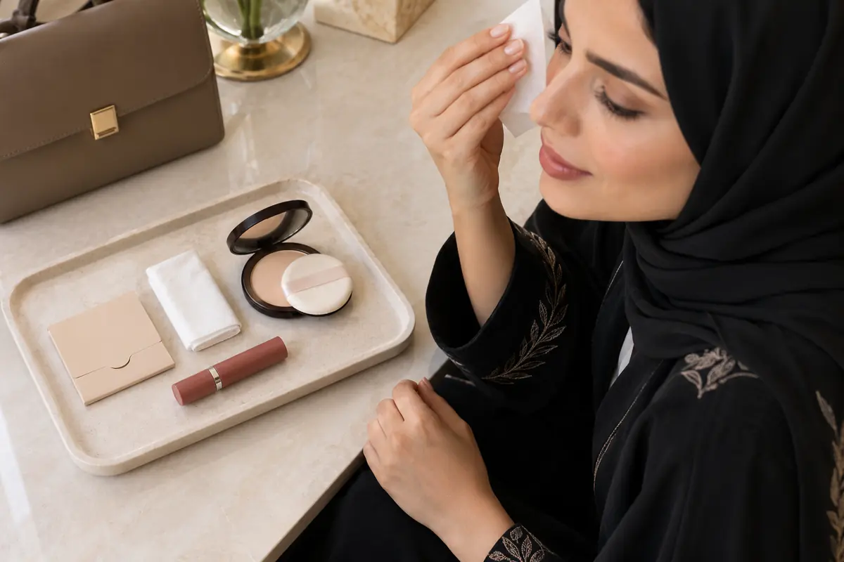 Blotting papers, tissues, lip colour and a compact make a small touch-up kit