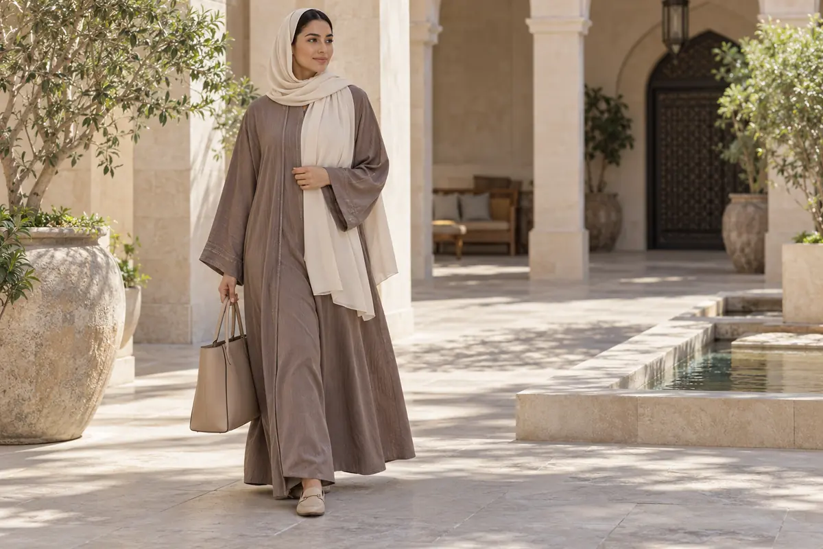 A tonal taupe abaya, cream sheila and warm neutral bag form one outfit