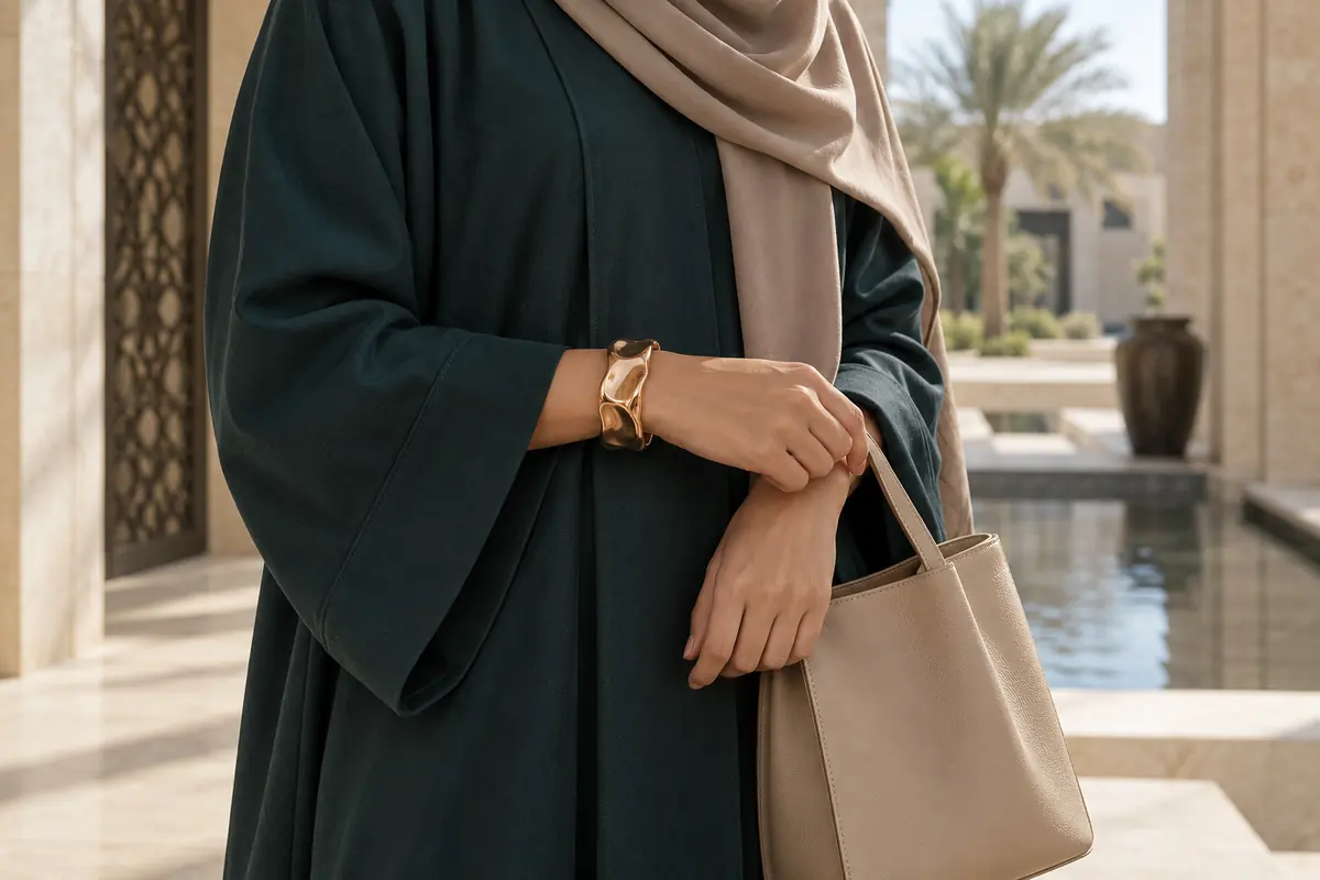 A deep teal abaya uses one warm metal accessory beside a neutral bag
