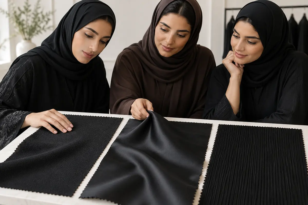 Matte, softly reflective and ribbed black fabric examples side by side
