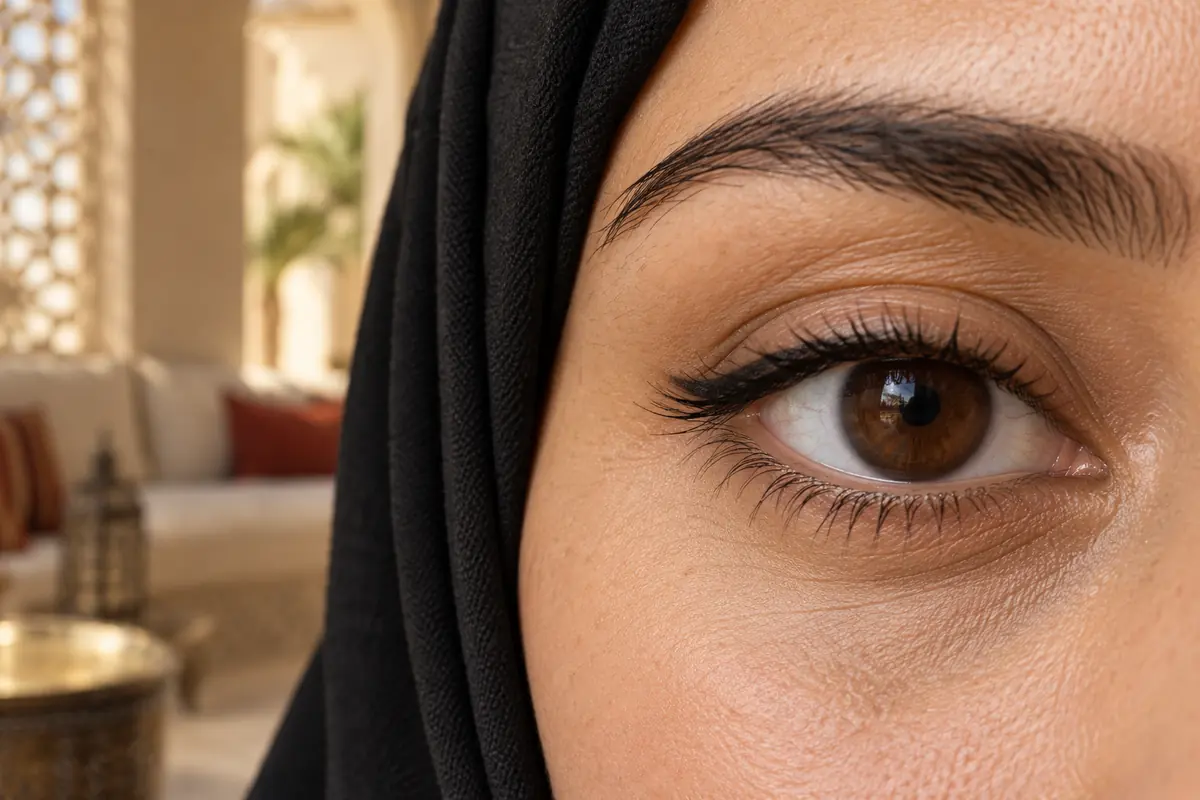 A thin visible eyeliner line follows the upper lashes on the outer eyelid