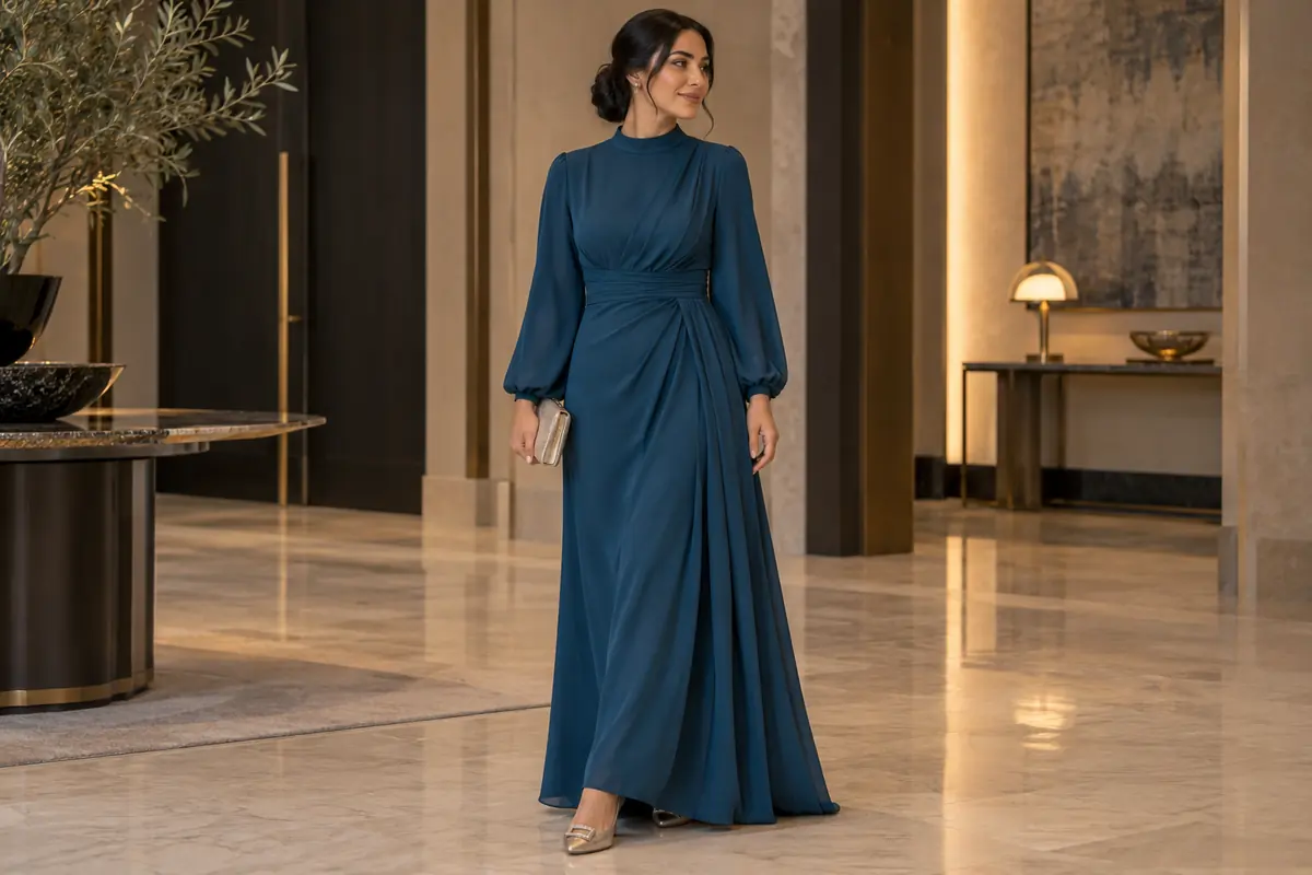 A long-sleeved jewel-tone occasion outfit with restrained accessories
