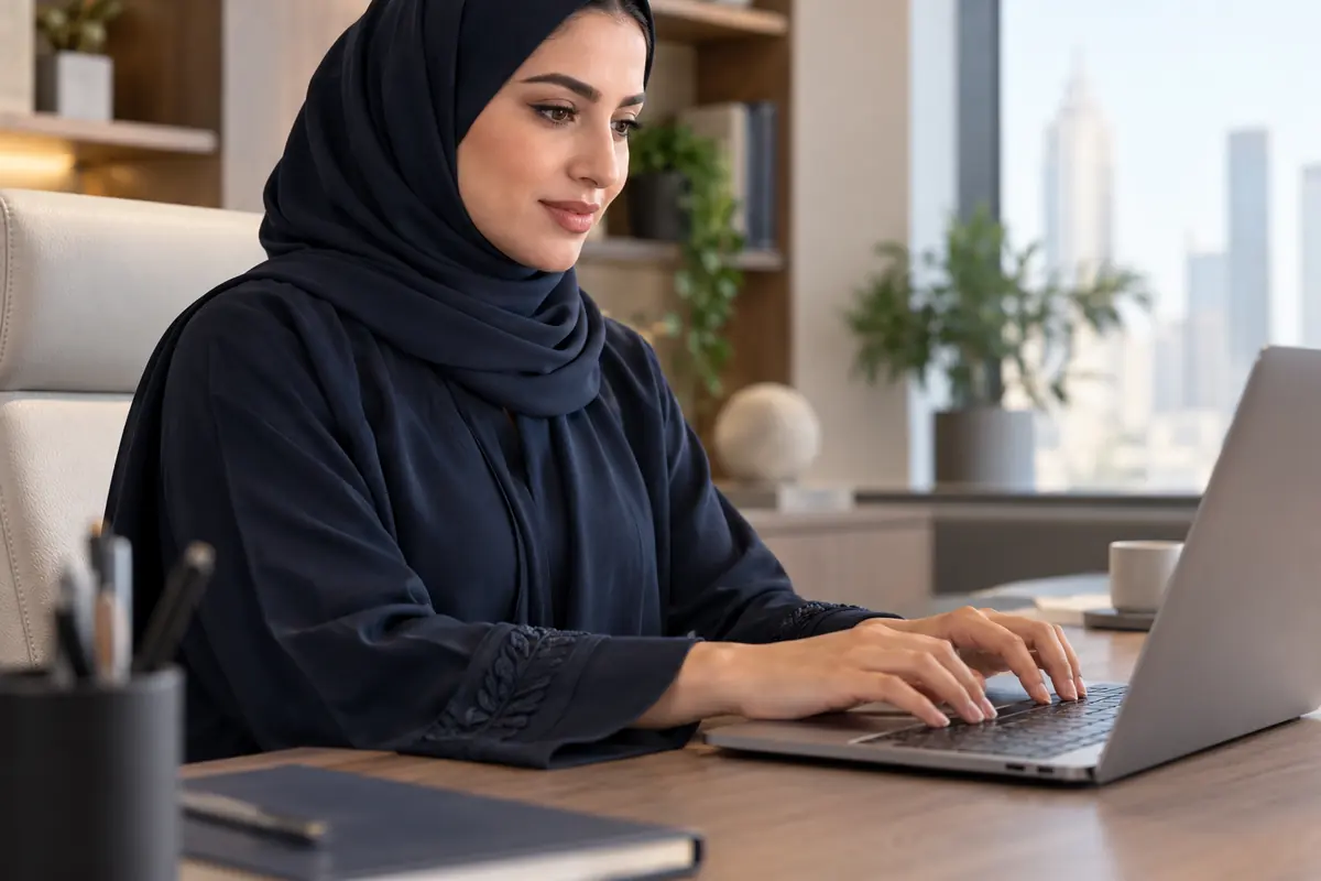 Abaya cuffs stay clear of a keyboard during a seated movement check
