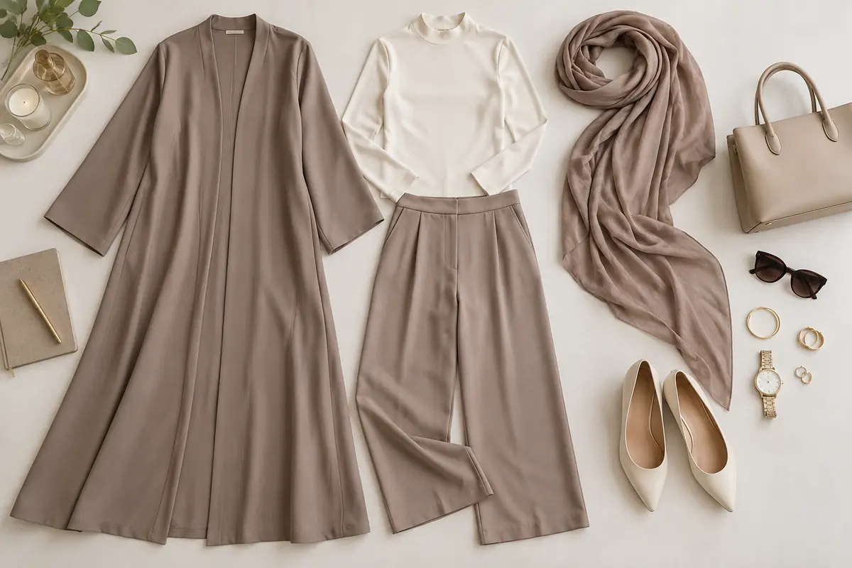 An abaya, opaque top and scarf are arranged as a practical layer plan